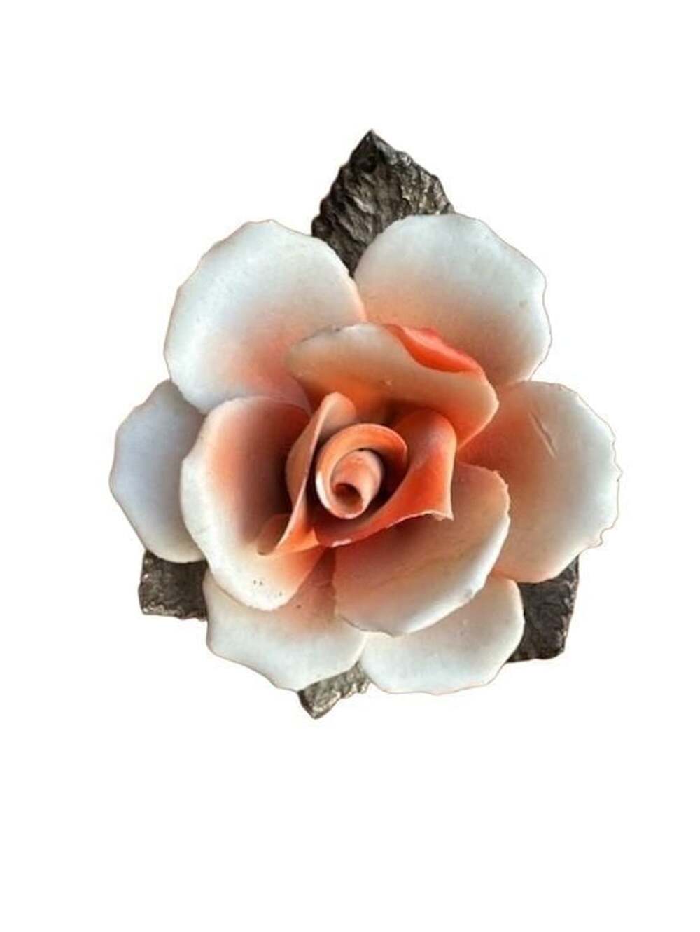 Capodimonte Italian Porcelain Rose Figurine With Metal Stem And Leaves